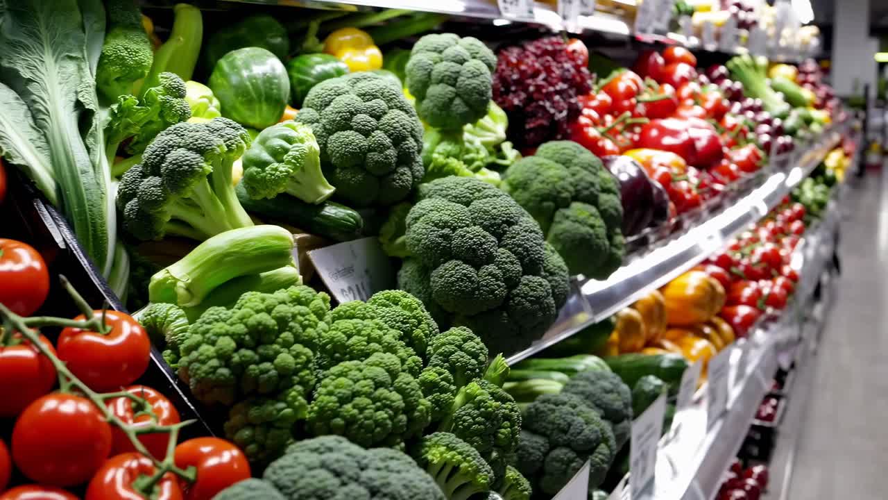 Vibrant supermarket produce aisle captured in a low-angle shot, showcasing fresh vegetables