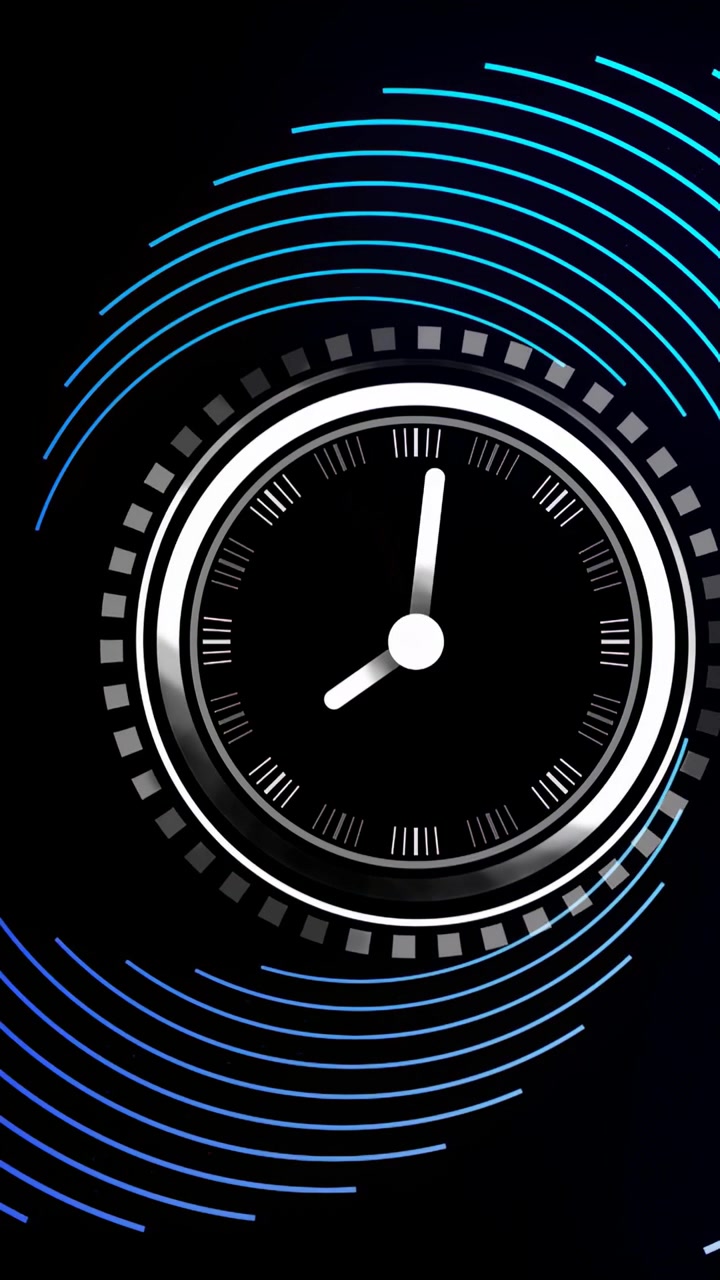 Vertical video: On startup central HUD dial rotating two hands, sweeping neon arcs, for HUD readout
