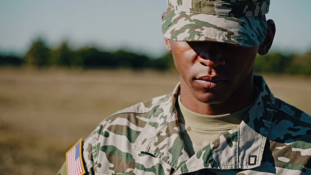 Close-up of a Soldier in Camouflage Uniform