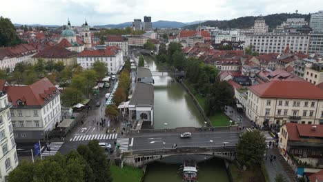 aerial view of historical downtown of ljubljana, slovenia , drone fly above ljubljanica river and main cathedral