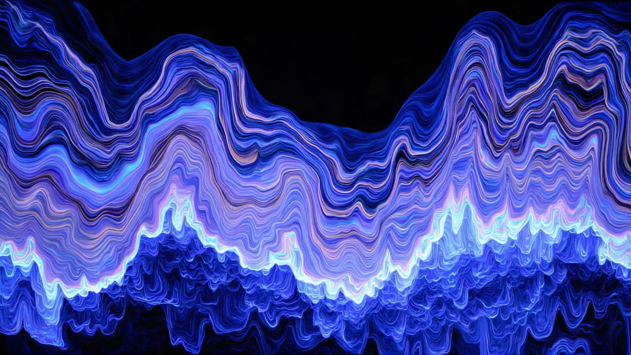 Bright blue abstract lines flowing and undulating like a digital wave, creating a vibrant and mesmerizing motion graphic equalizer display on a stark black background for a modern effect