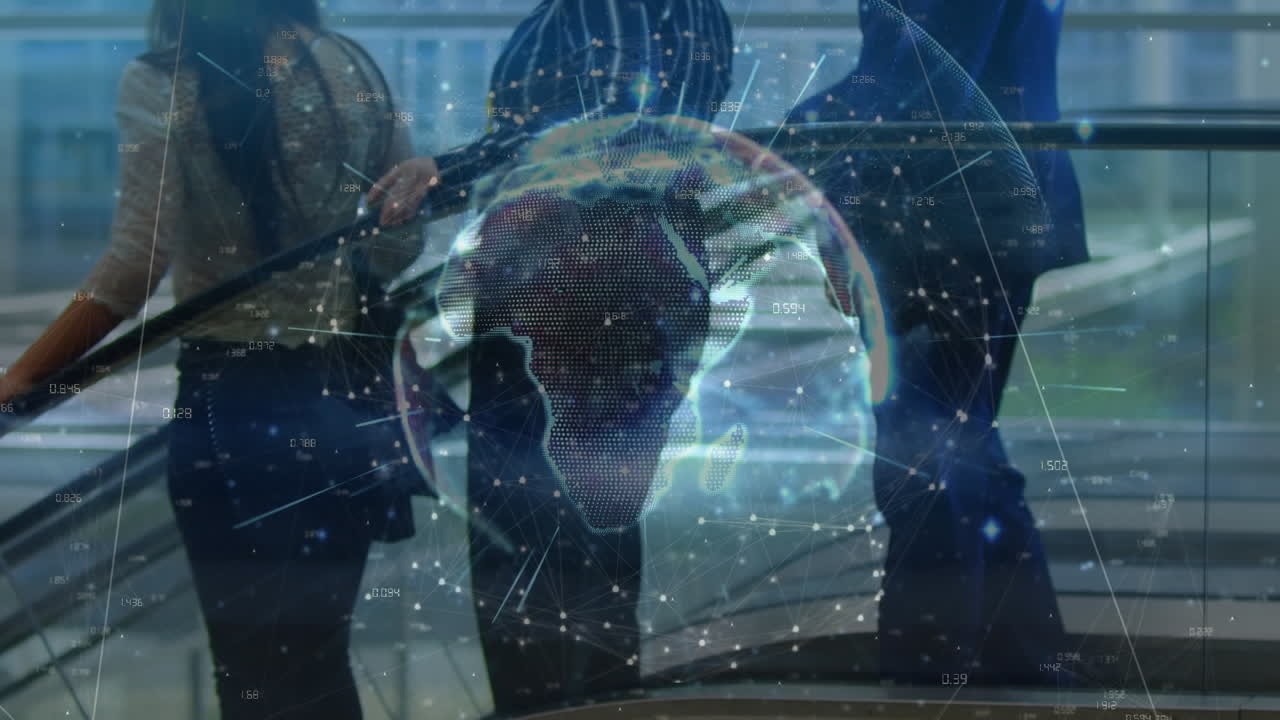 Animation of globe and networks of connections over diverse business people in office