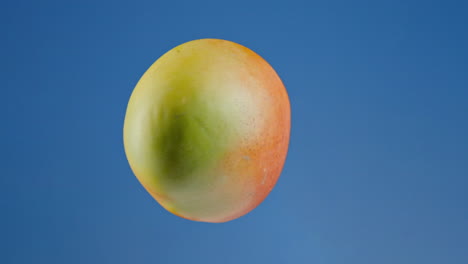 levitating mango spinning in mid-air against a blue studio background