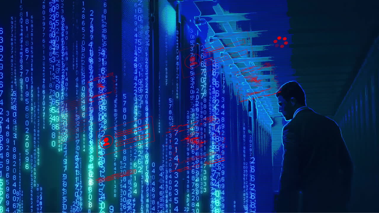 Animation of binary coding and data processing over businessman by computer servers