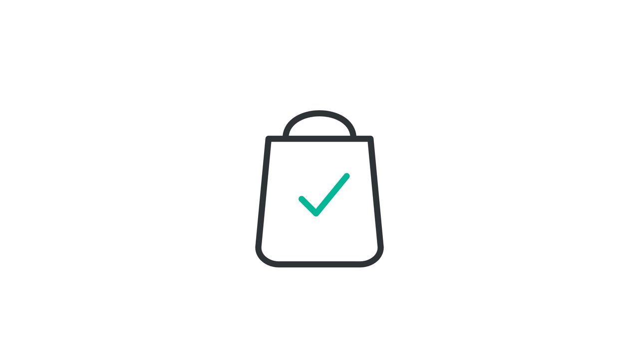 Disegno al tratto animato di una borsa della spesa con un segno di spunta