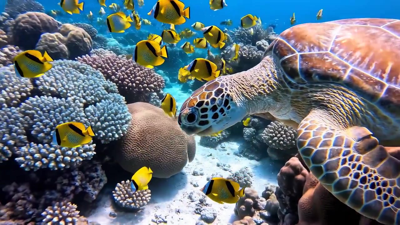 熱帯魚と一緒にサンゴ礁の近くを泳ぐウミガメ