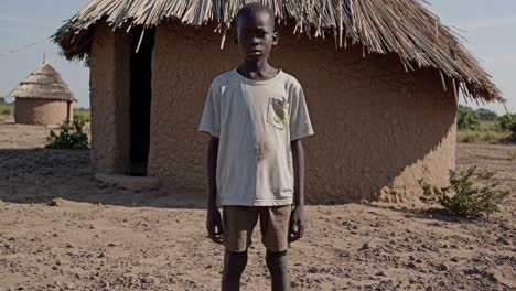 african child standing motionless, gazing directly at camera, positioned in front of small rural house, wearing light t shirt and shorts, embodying serene presence against simple village backdrop