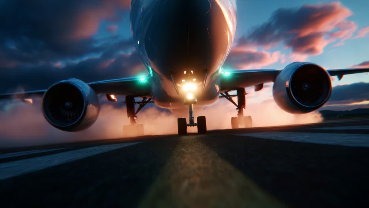 Majestic Takeoff: A Stunning Close-Up View of an Airplane Surging Into the Sky as It Gains Altitude, Highlighting the Power and Engineering Behind Modern Aviation at Dusk