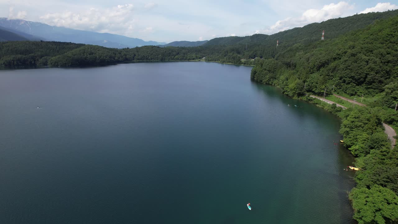 Aerial View of a Tranquil Lake Surrounded by Mountains and Forest