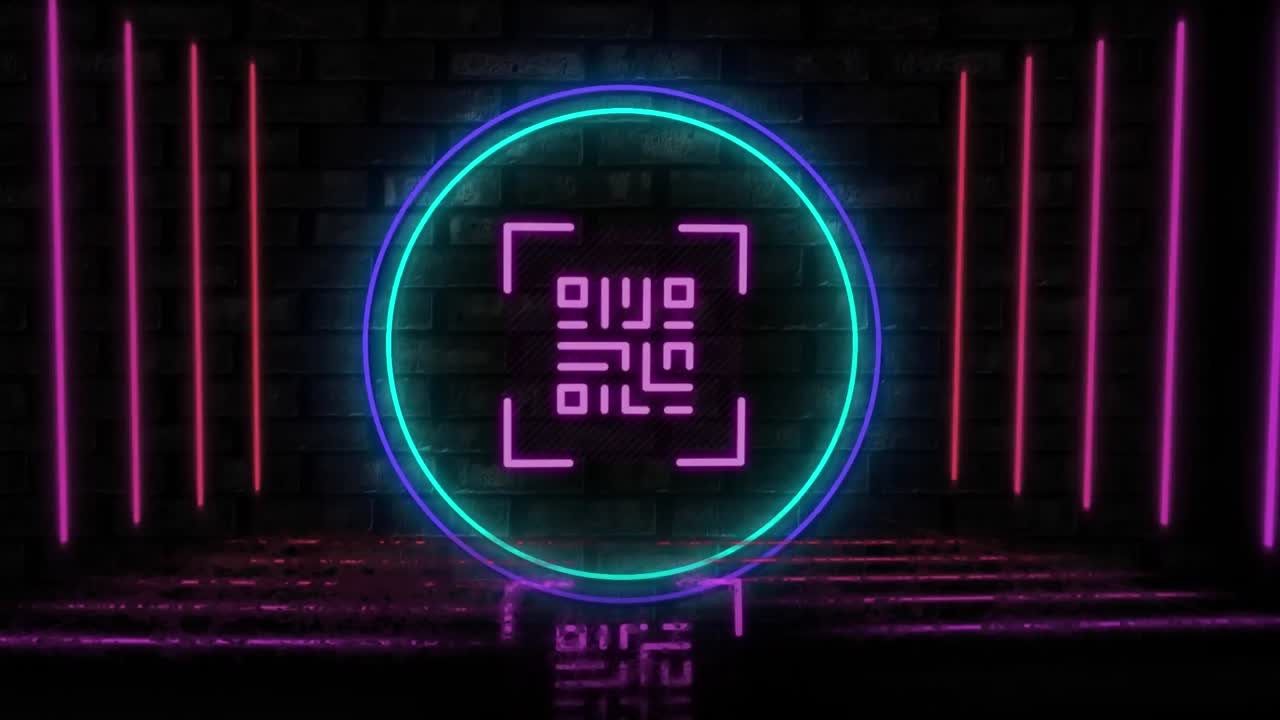 QR code scanner with neon elements against black background