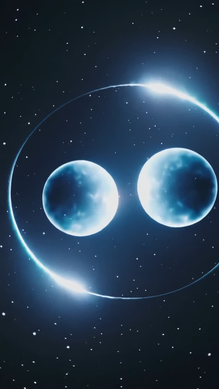 Video verticale: Anello orbitale che si chiude, sfere blu accoppiate che si fondono nello spazio, formando una palla di fuoco arancione