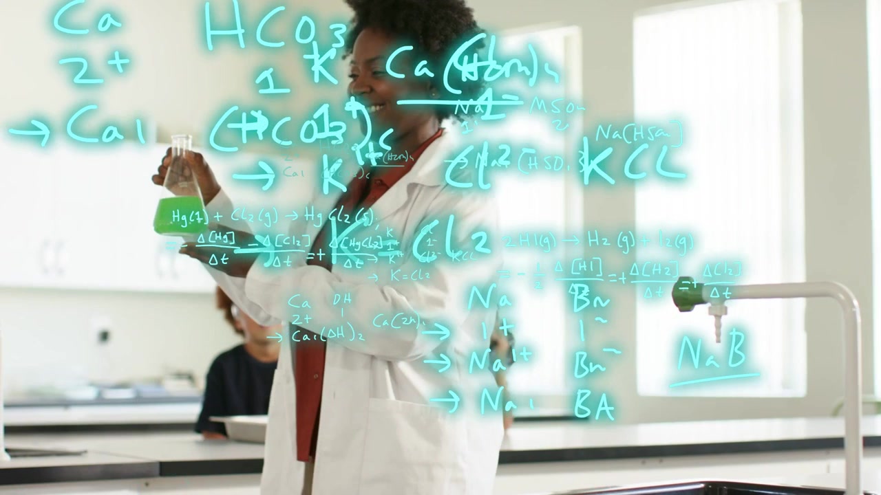 Teacher presenting green flask in lab, initiating turquoise chemistry overlay explaining reaction