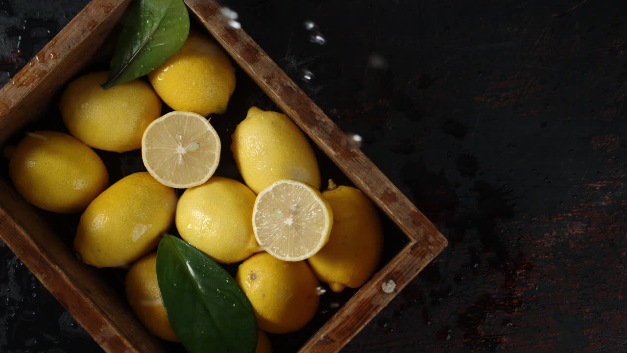 limones con hojas en una caja de madera cayendo gotas de agua.