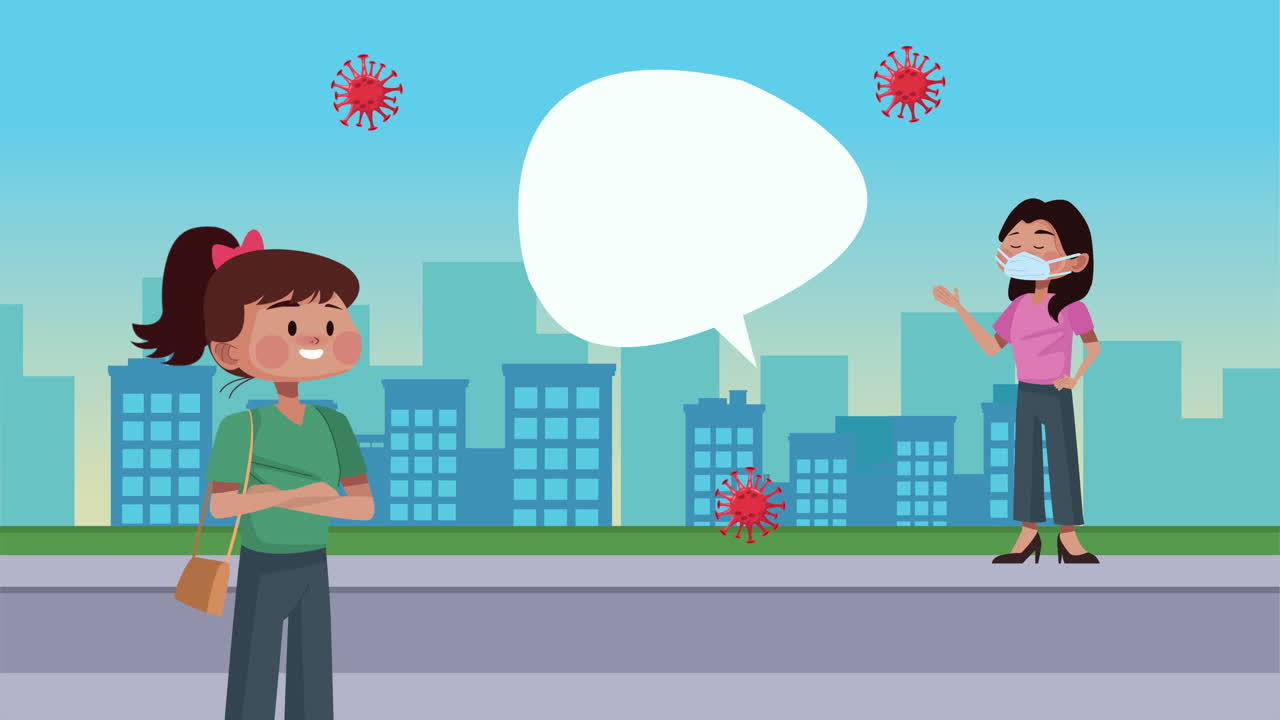 코로나19를 예방하기 위해 의료 마스크를 착용한 소녀들이 도시를 돌아다니고 있습니다.