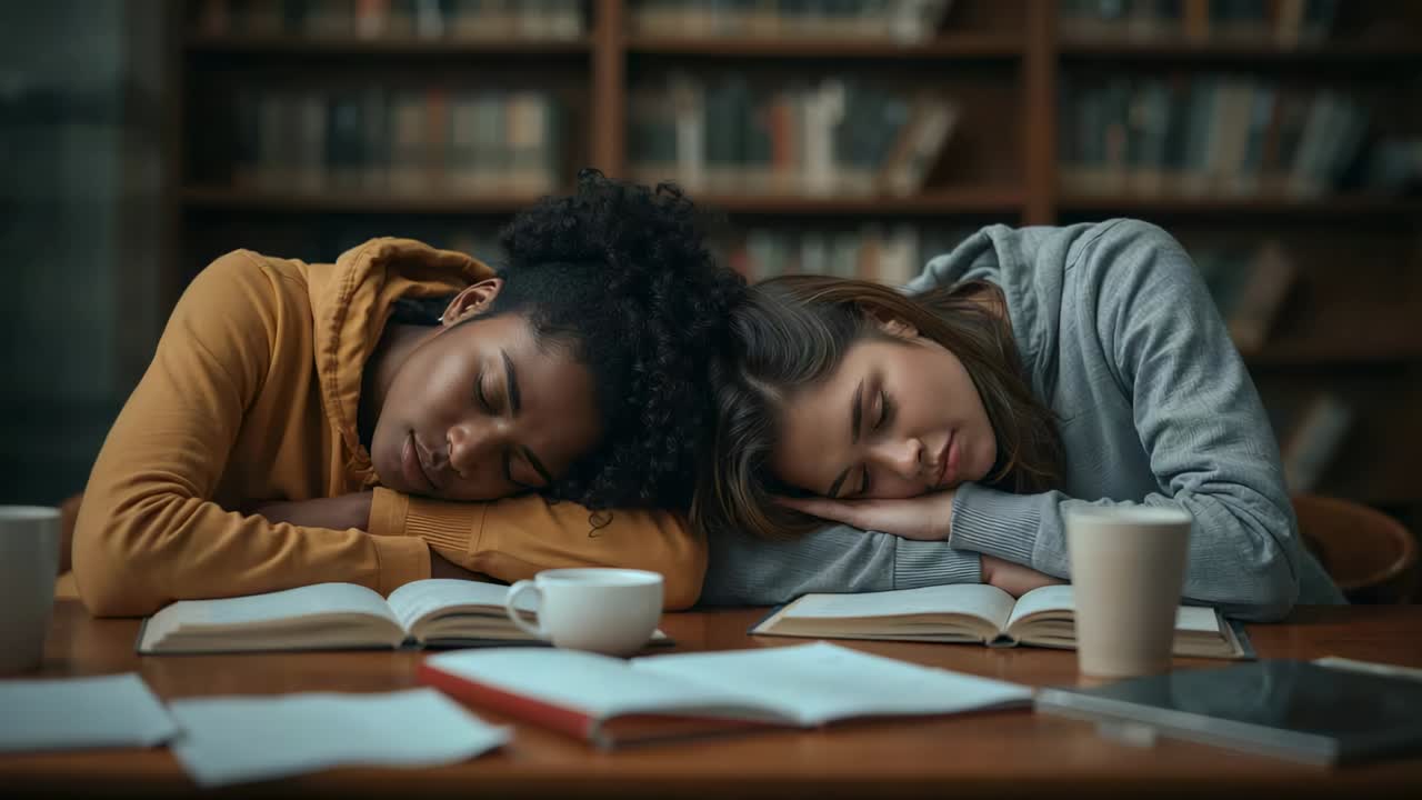 To studerende i hættetrøjer, der falder i søvn efter studiet, hviler hovederne p bordet i biblioteket med lærebøger
