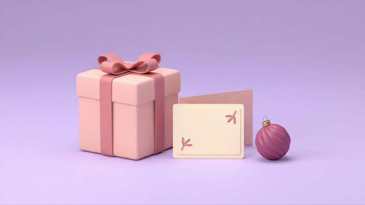 Delightful Holiday Gift Arrangement Featuring a Decorative Gift Box, Elegant Card, and Stylish Ornament Against a Soft Purple Background