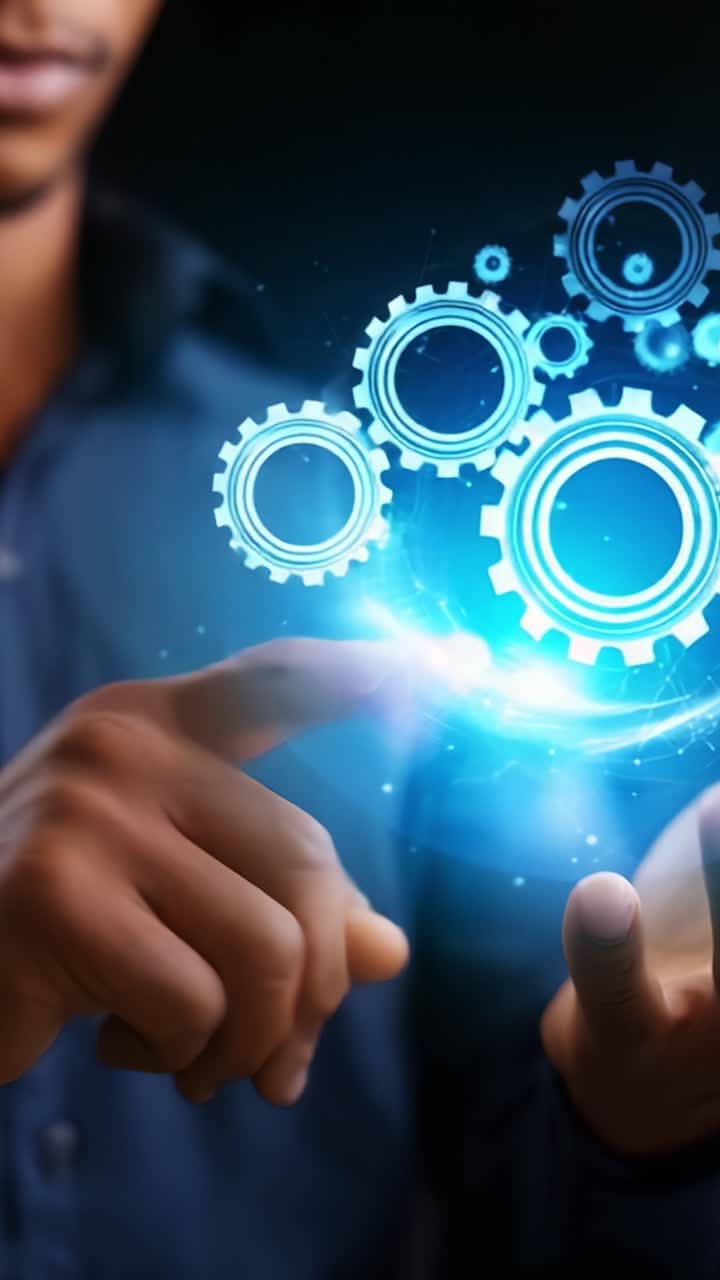 A person interacts with digital gears and mechanisms, showcasing advanced technology concepts through touch and visual effects in a futuristic setting