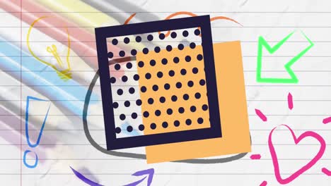 Animation-of-black-dot-and-yellow-square-over-colourful-doodles-on-lined-paper