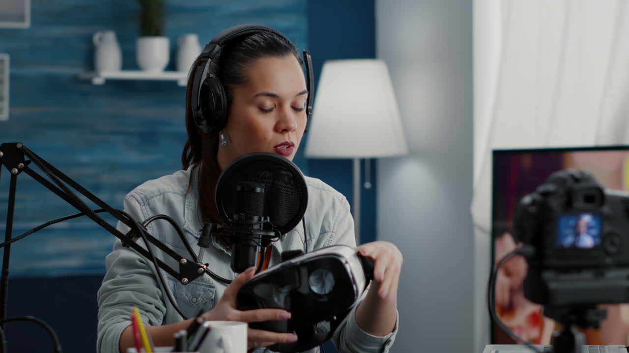 Content creator promoting modern VR headset while recording video