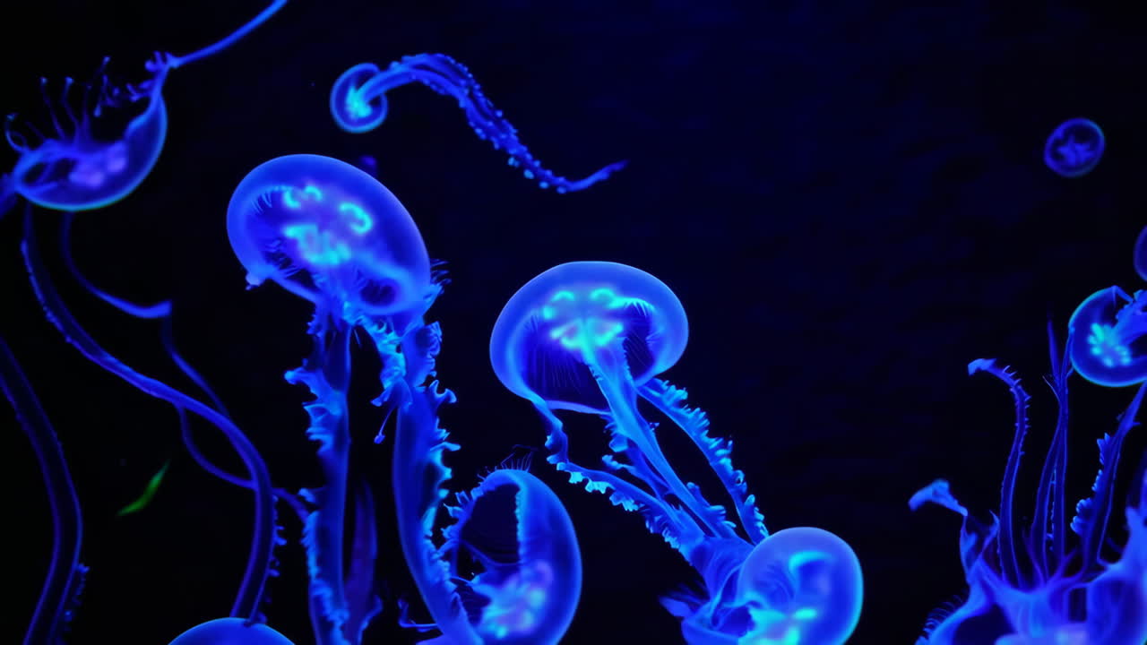 Bioluminescent Blue Jellyfish in Dark Water