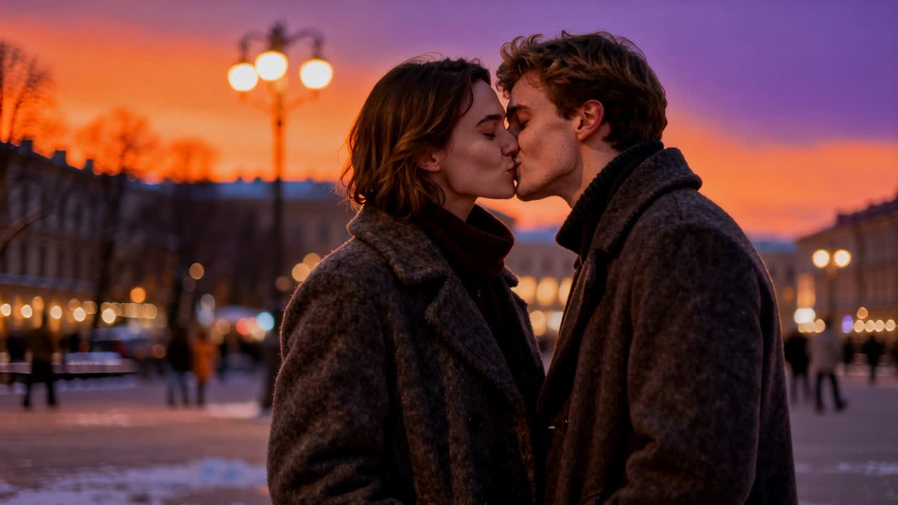 Donna e uomo si toccano la fronte iniziando un bacio e condividendo romanticismo, con la messa a fuoco che si sposta verso un lampione nella piazza al crepuscolo