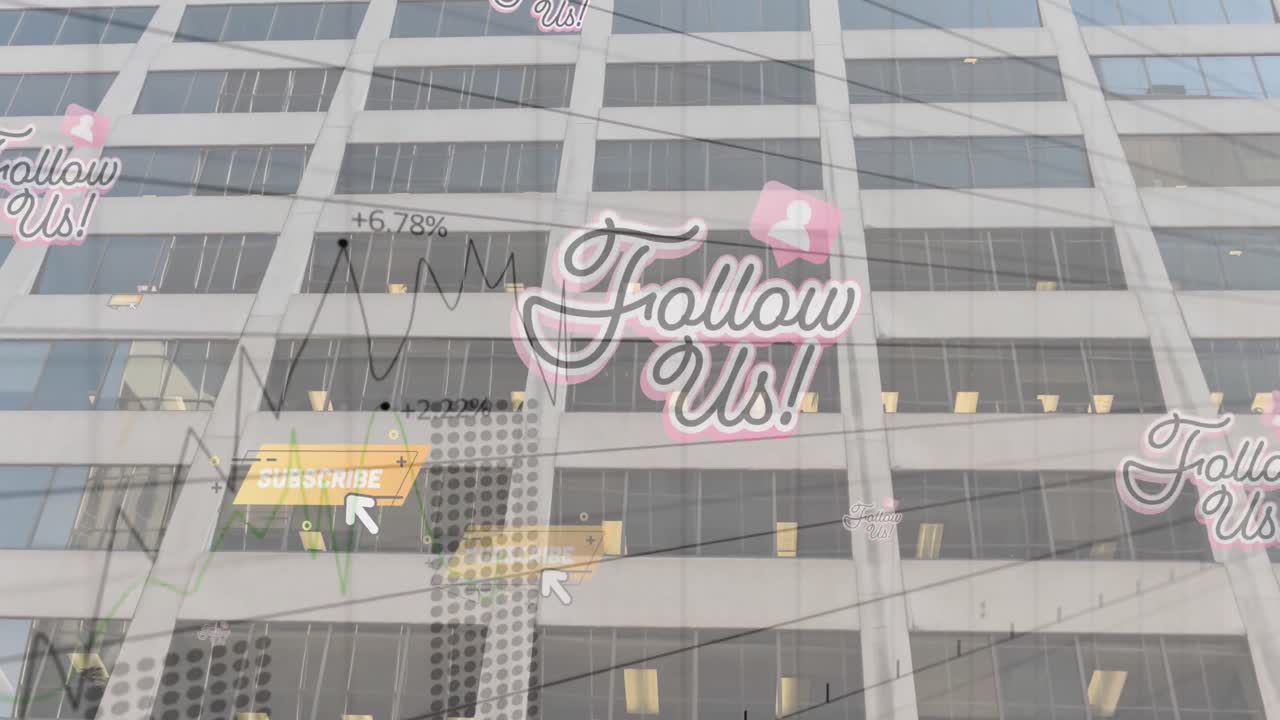 현대적인 건물에서 데이터 처리와 함께 우리를 따르는 소셜 미디어 텍스트와 아이콘의 애니메이션