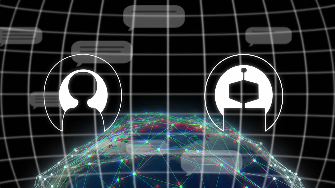 지구와 어두운 배경 위의 데이터 처리 및 아이콘의 애니메이션