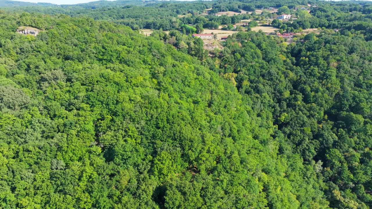 Lush Green Woodland On Mountain In O Saviñao, Lugo, Spain. drone sideways shot