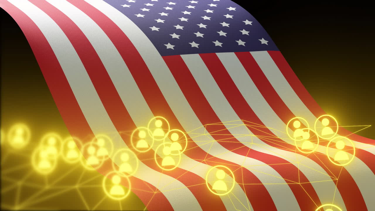bandera estadounidense con conexiones de red brillantes y animación de iconos de usuario
