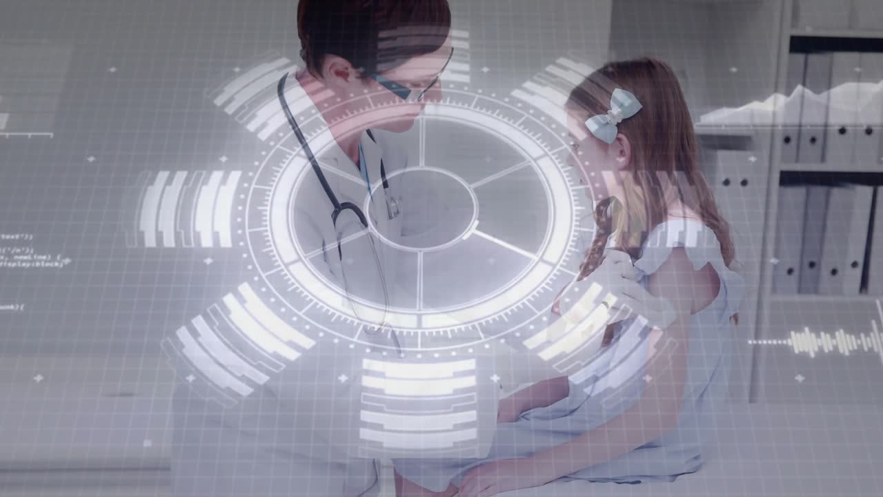 Female physician placing stethoscope on chest, activating hologram for pediatric assessment