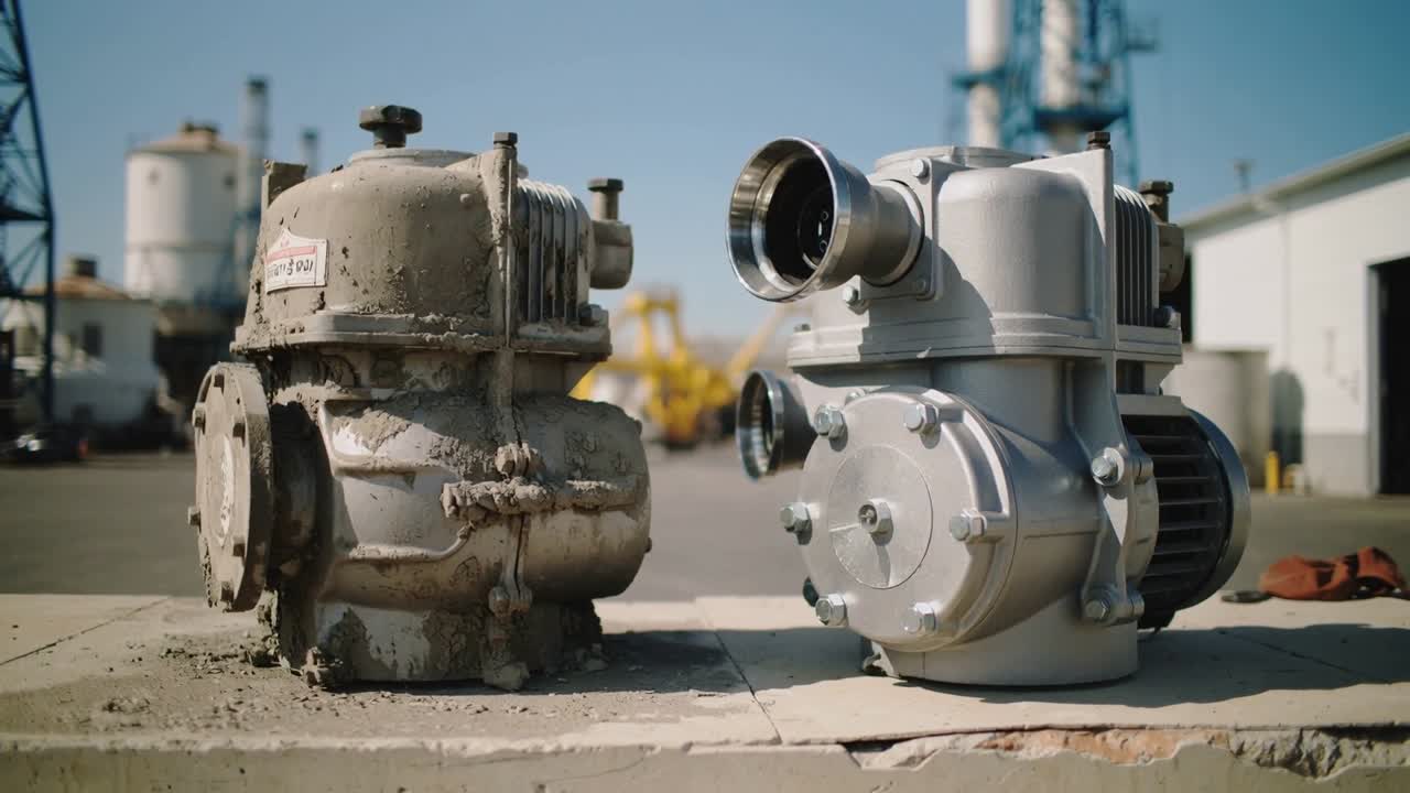 Panning camera shifting focus toward new right pump on concrete ledge, comparing corroded left pump