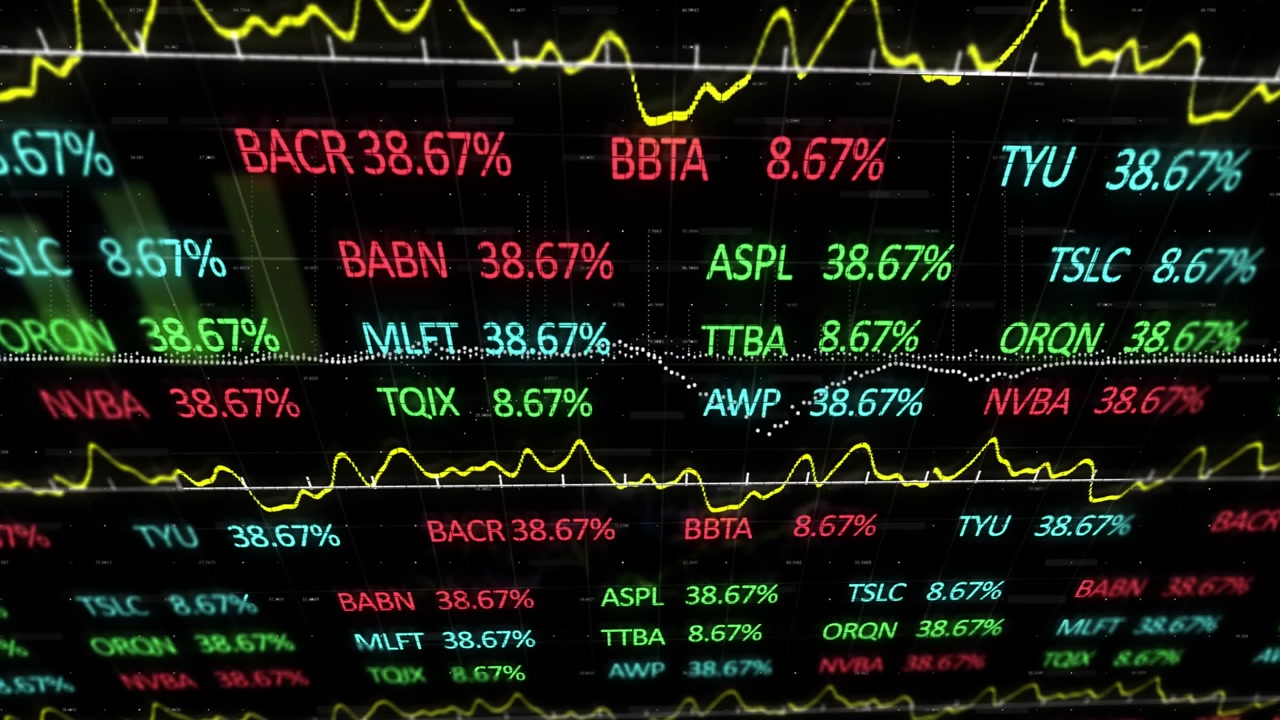 Animazione dell'elaborazione di dati finanziari su sfondo scuro