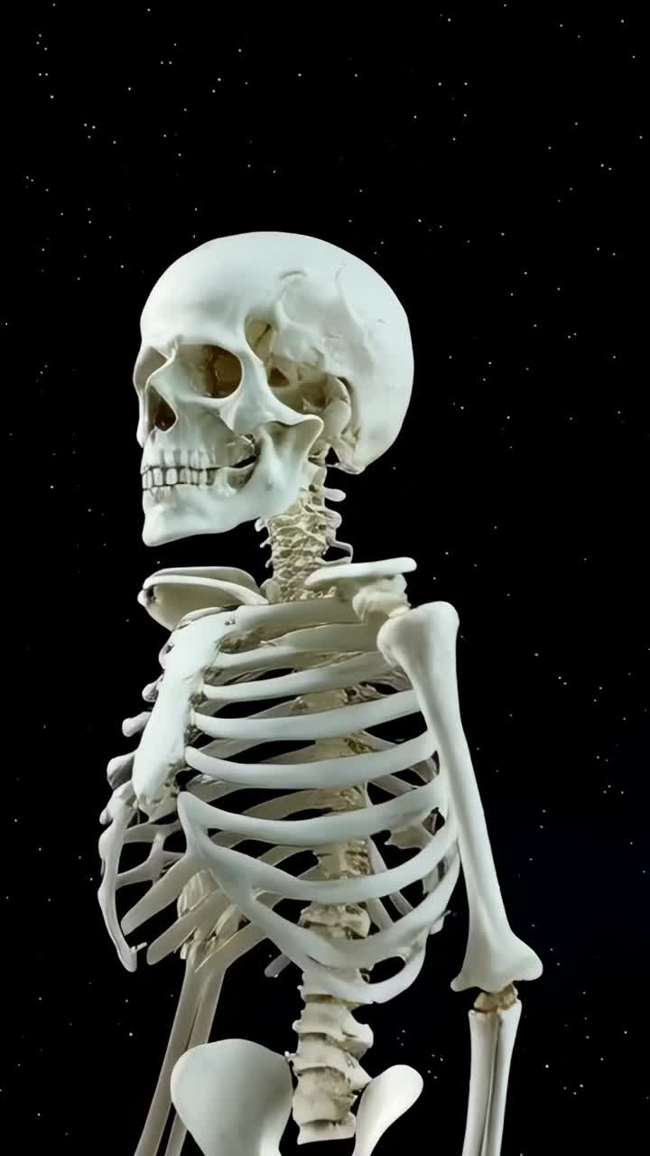 Vertical video: Camera zooming, skeleton assembling on starry void, skull aligning, forming ribcage