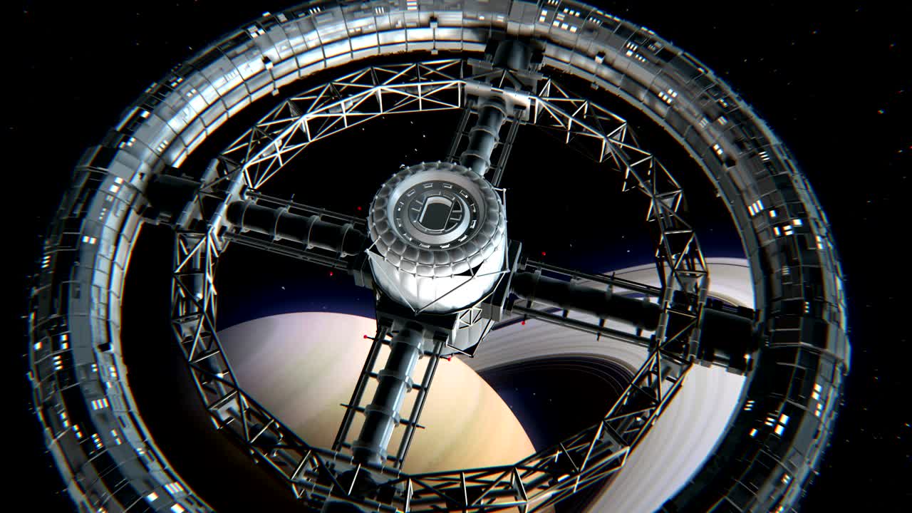 estación espacial circular en el fondo de saturno