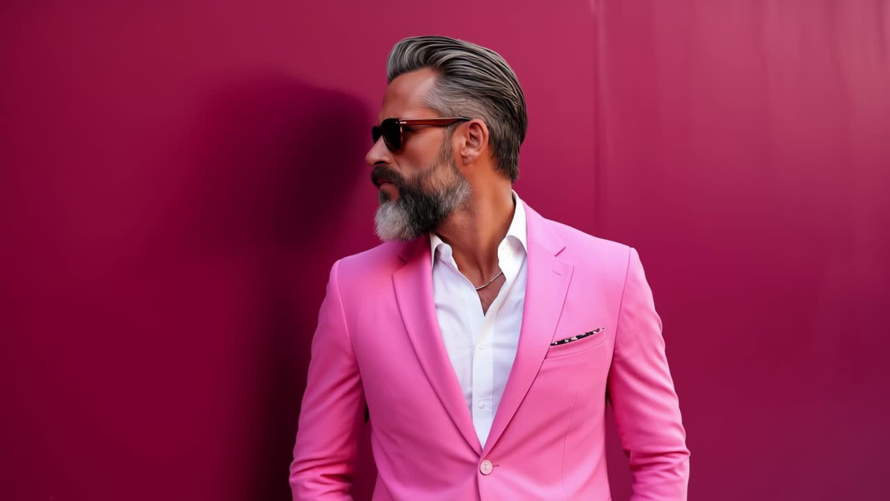 Portrait of a confident mature businessman with gray hair and beard wearing a vibrant pink suit and sunglasses, standing against a matching pink wall, exuding style and individuality