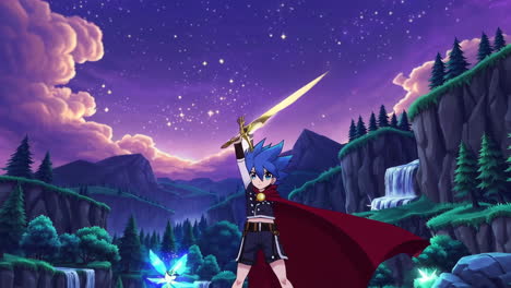 anime hero wielding a magical sword in a fantasy landscape