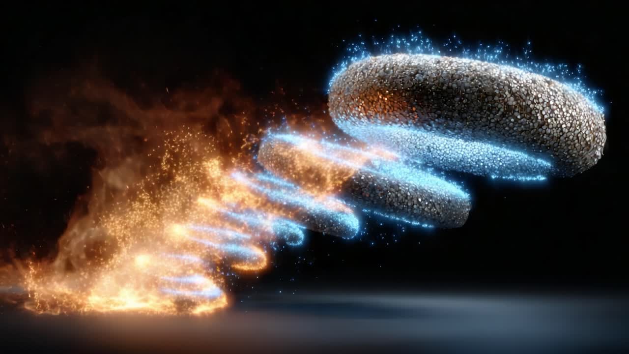 Dynamic Visuals of Energy and Movement: A Stunning Representation of Fire and Ice Coexisting in a Mesmerizing Flow of Particles and Light Effects