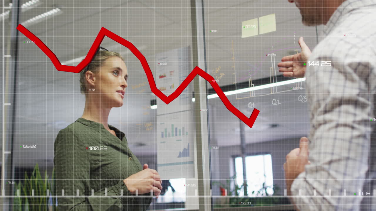Animation of graphs with changing numbers over caucasian coworkers analyzing reports in office