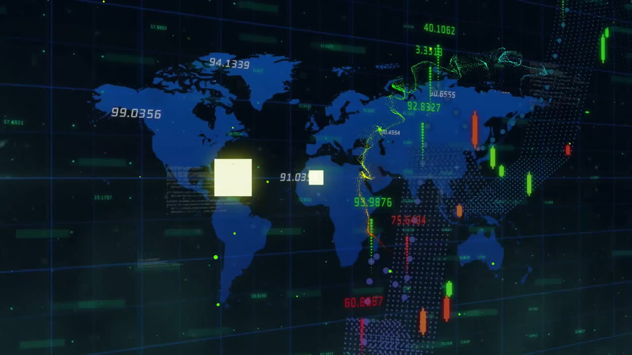 Animation of graphs and processing data over blue world map on black background