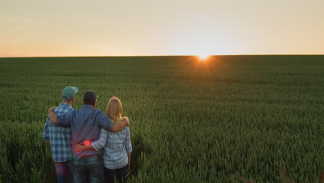 familia feliz de agricultores admirando la puesta de sol sobre un campo de trigo