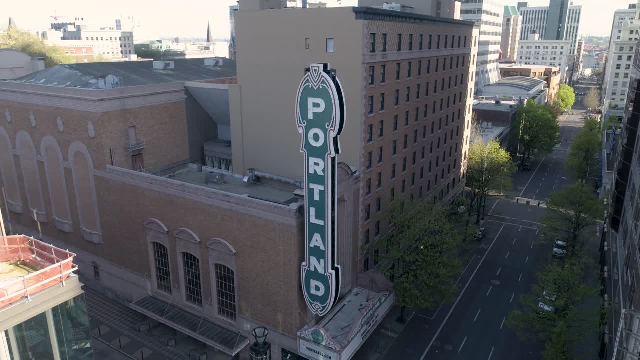Historic aerial footage of Arlene Schnitzer Concert Hall with empty streets due to COVID-19.