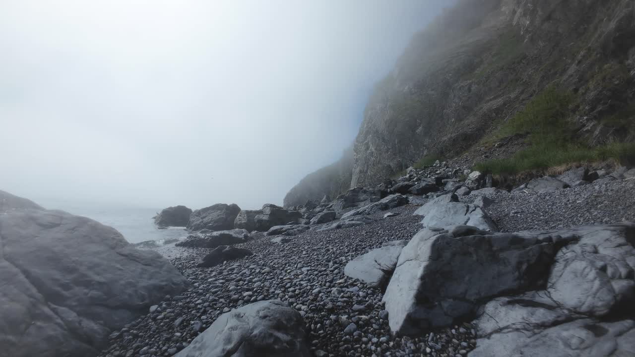 Experience the beauty of a foggy coastline with rocky formations and gentle waves