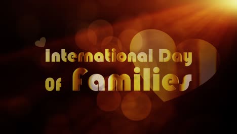 día internacional de las familias abstracto título cinematográfico intro bucle. ilustración 4k 3d día internacional de la familia palabra de texto de oro con luz de llamarada de sol y partículas de bokeh de oro animadas bucle de fondo.