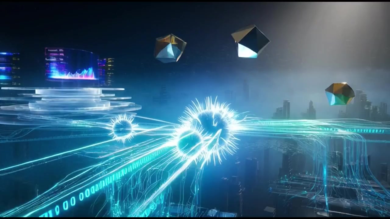 Visualizzazione futuristica di rete digitale con forme geometriche fluttuanti e flussi di dati