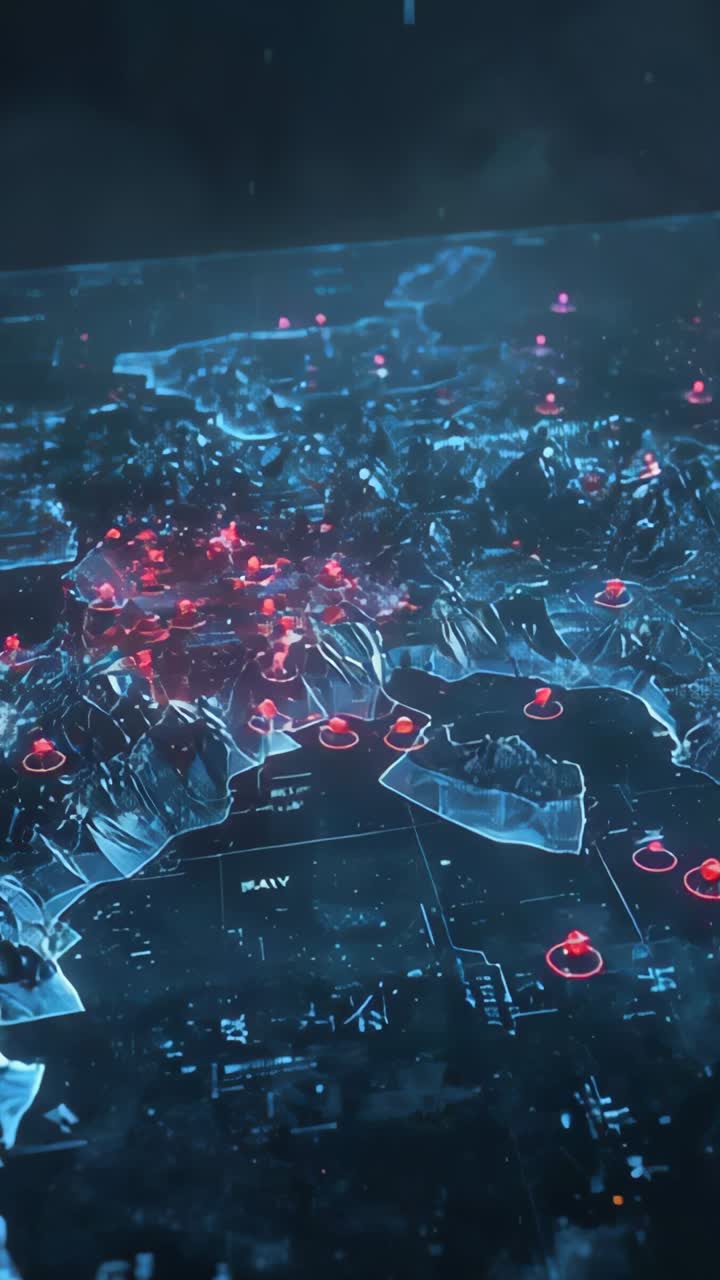 Vertical video: Initializing 3D map in foggy lab pulsing red beacons flashing into blue tracings