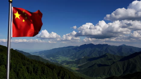 chinese flag over mountain landscape