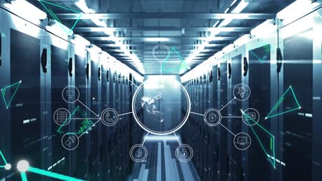 neon triangle shapes moving and globe of network of connections spinning against server room