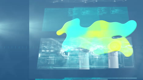Animation of glowing blob and screens with data processing on blue background