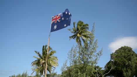 beautiful australian flag in slow motions with wind and beautiful palm tree behind at the beach in summer