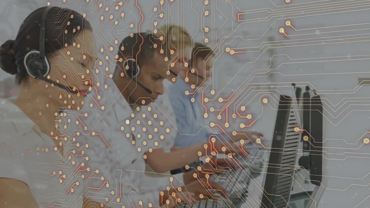 Animation of networks of connections with people icons over business people wearing phone headsets
